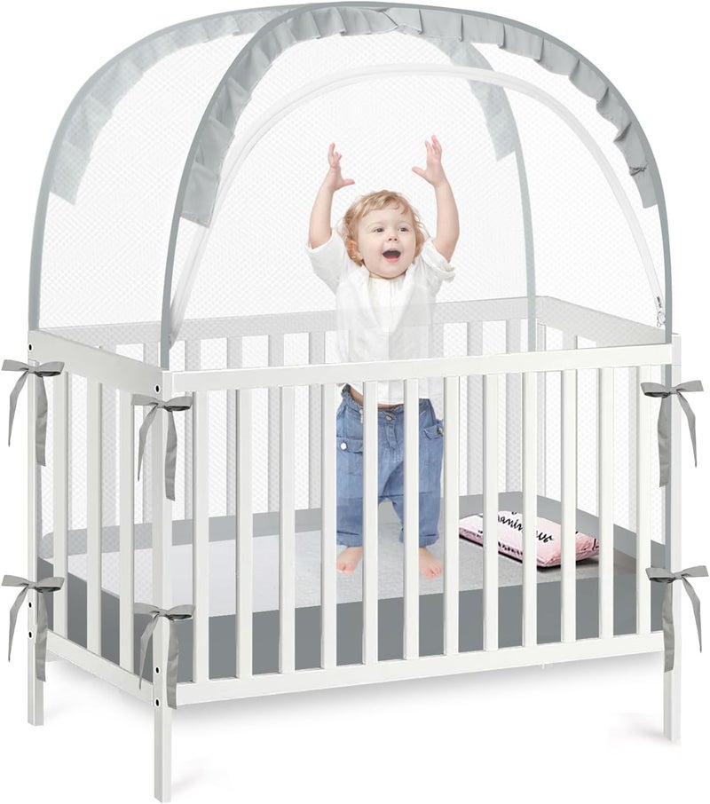 PandaEar Pop Up Crib Tent to Keep Baby from Climbing Out, Breathable Crib Net Mesh Canopy, Babies Crib Cover with Zipper, Easy Installation (Grey) - Image 1